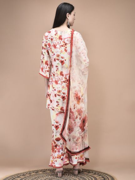 Shree Women Liva Red and Lemon yellow Floral Print Kurta Bell Bottom pant Dupatta